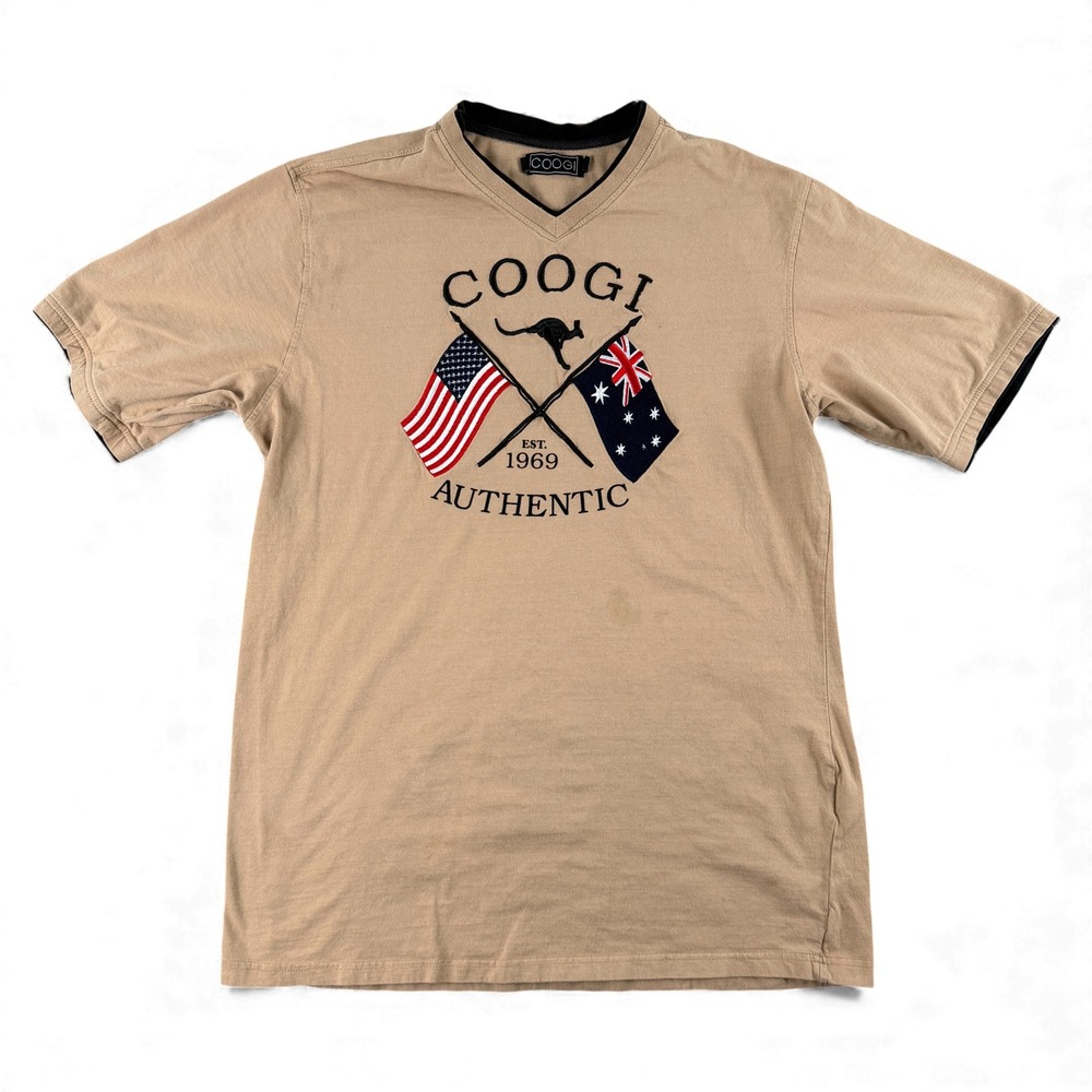 Coogi T-Shirt Mens XL Tan American Australian Flag Embroidered‎ Short Sleeve